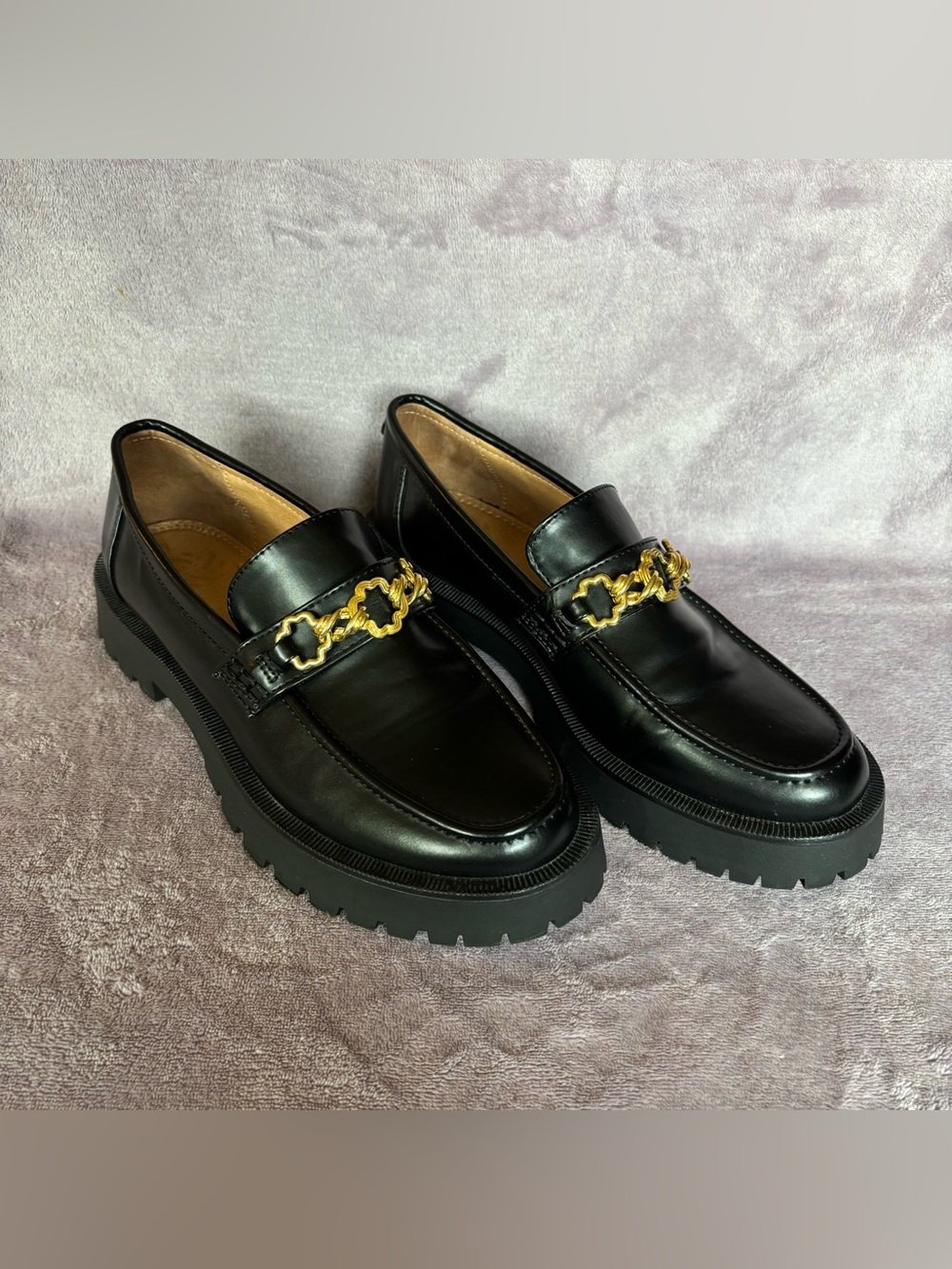 Sam & Libby Black Leather Loafers with Gold Chain Detail